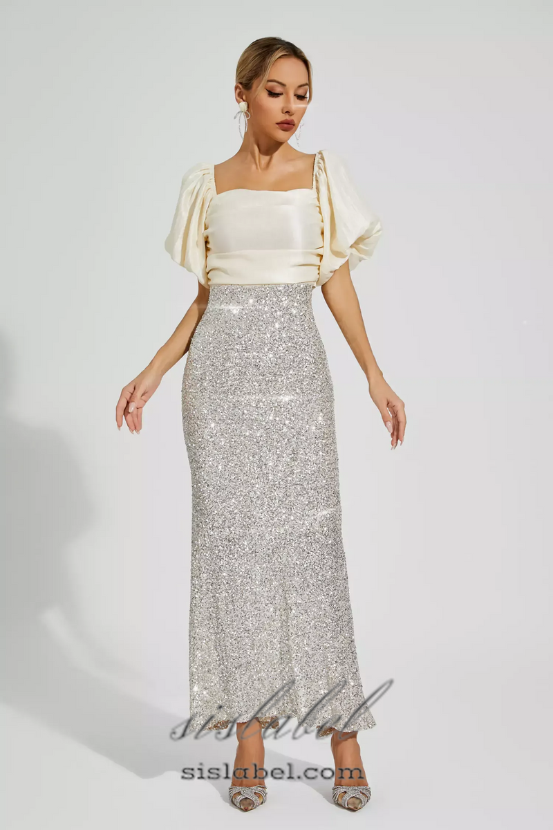 MARIA APRICOT BOW SEQUINS EMBELLISHED MAXI DRESS