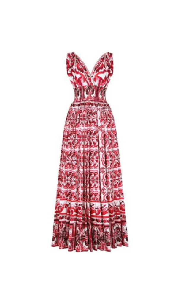 RED MAJOLICA PRINT FLARED MAXI DRESS