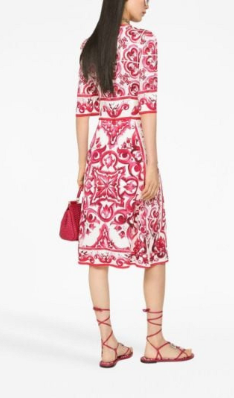 RED MAJOLICA PRINT CHARMEUSE MIDI DRESS