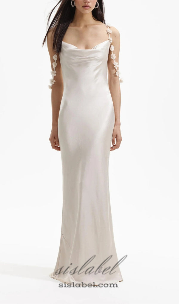 CHAMPAGNE SATIN FLOWER MAXI DRESS