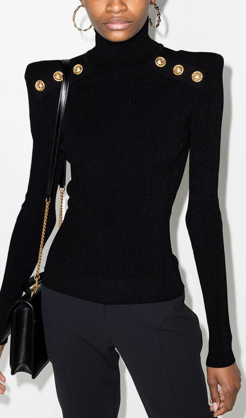 BLACK RIBBED ROLL-NECK SWEATER