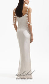 CHAMPAGNE SATIN FLOWER MAXI DRESS