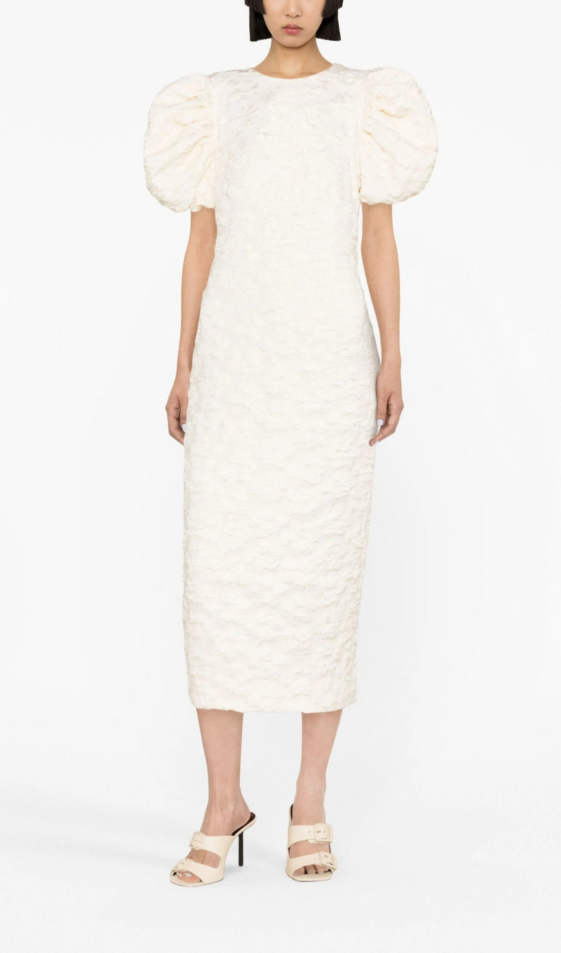 NEUTRAL PUFF SLEEVE JACQUARD MIDI DRESS