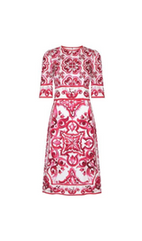 RED MAJOLICA PRINT CHARMEUSE MIDI DRESS