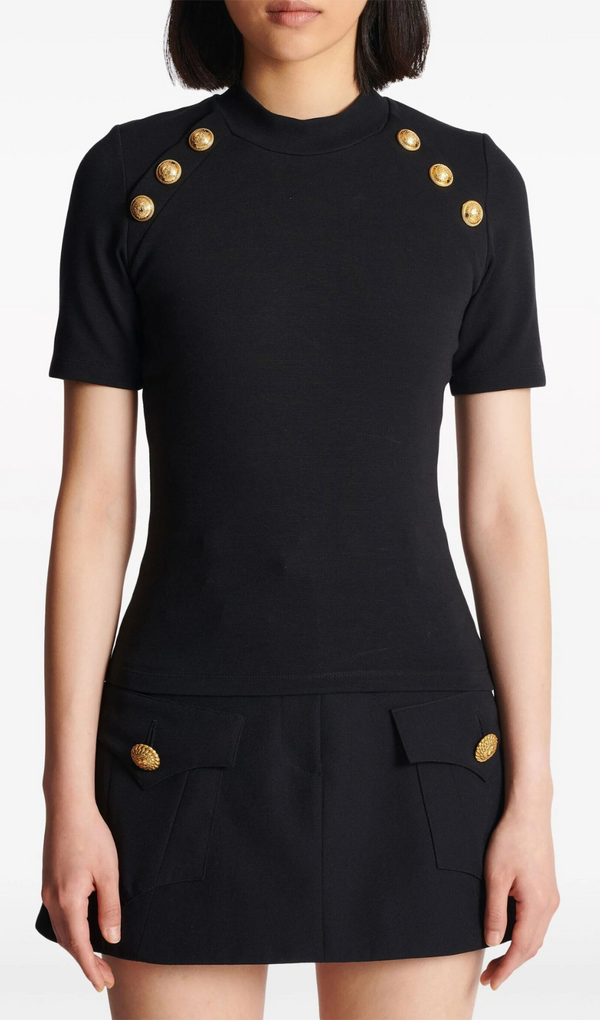 BLACK BUTTON-EMBELLISHED KNITTED T-SHIRT