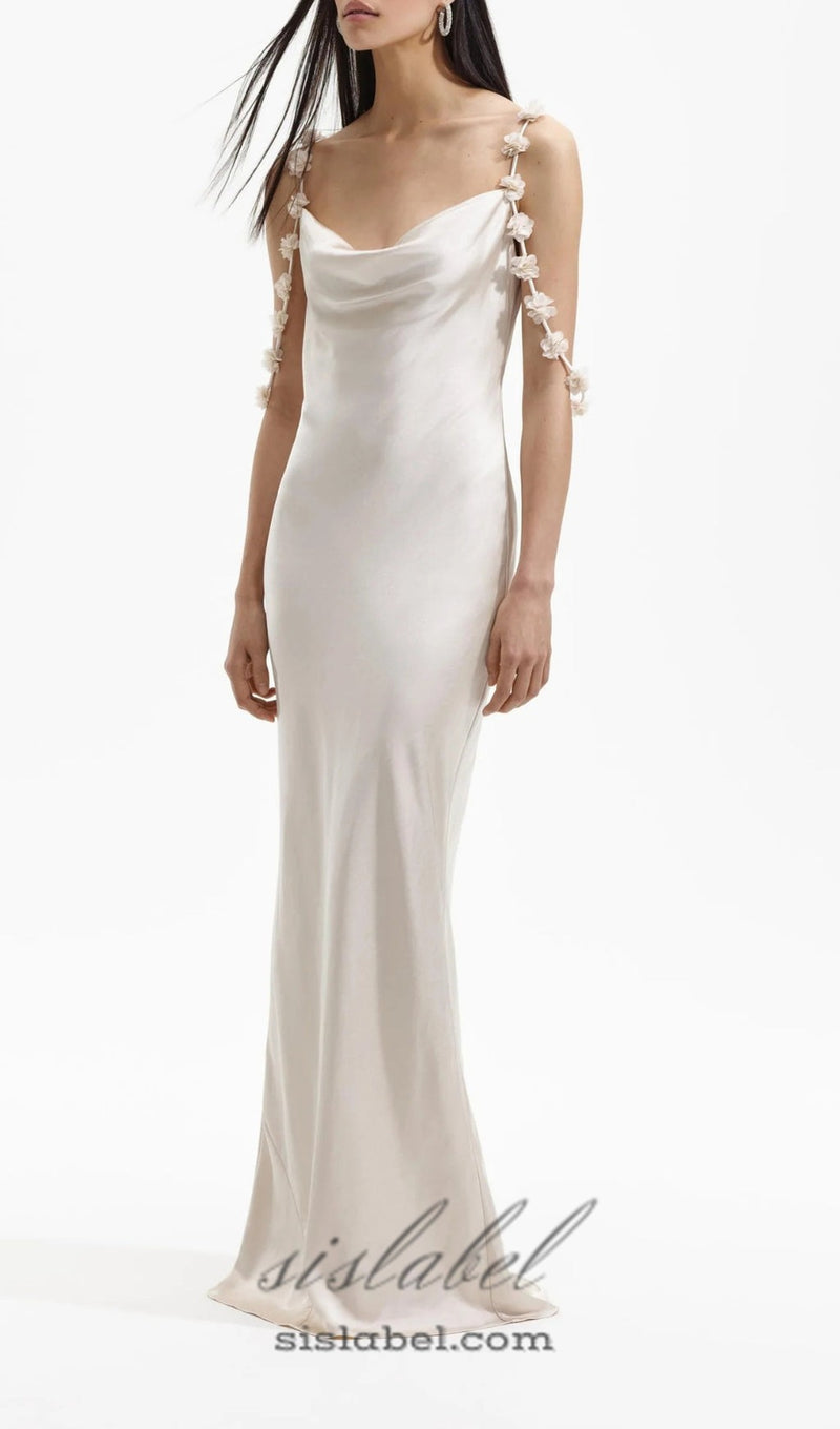 CHAMPAGNE SATIN FLOWER MAXI DRESS