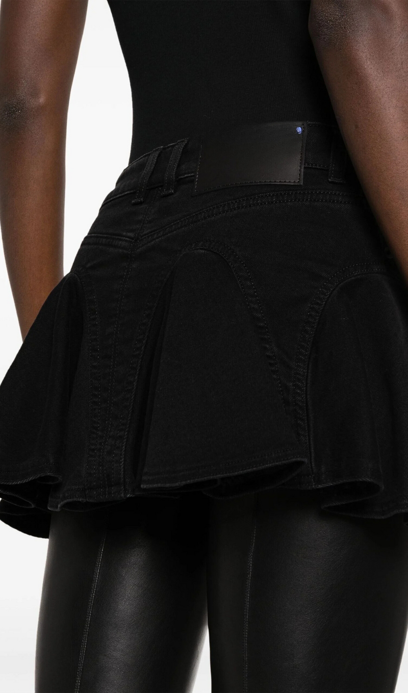 BLACK FLARED DENIM MINI SKIRT