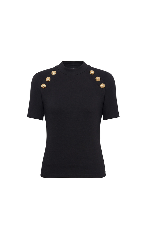 BLACK BUTTON-EMBELLISHED KNITTED T-SHIRT