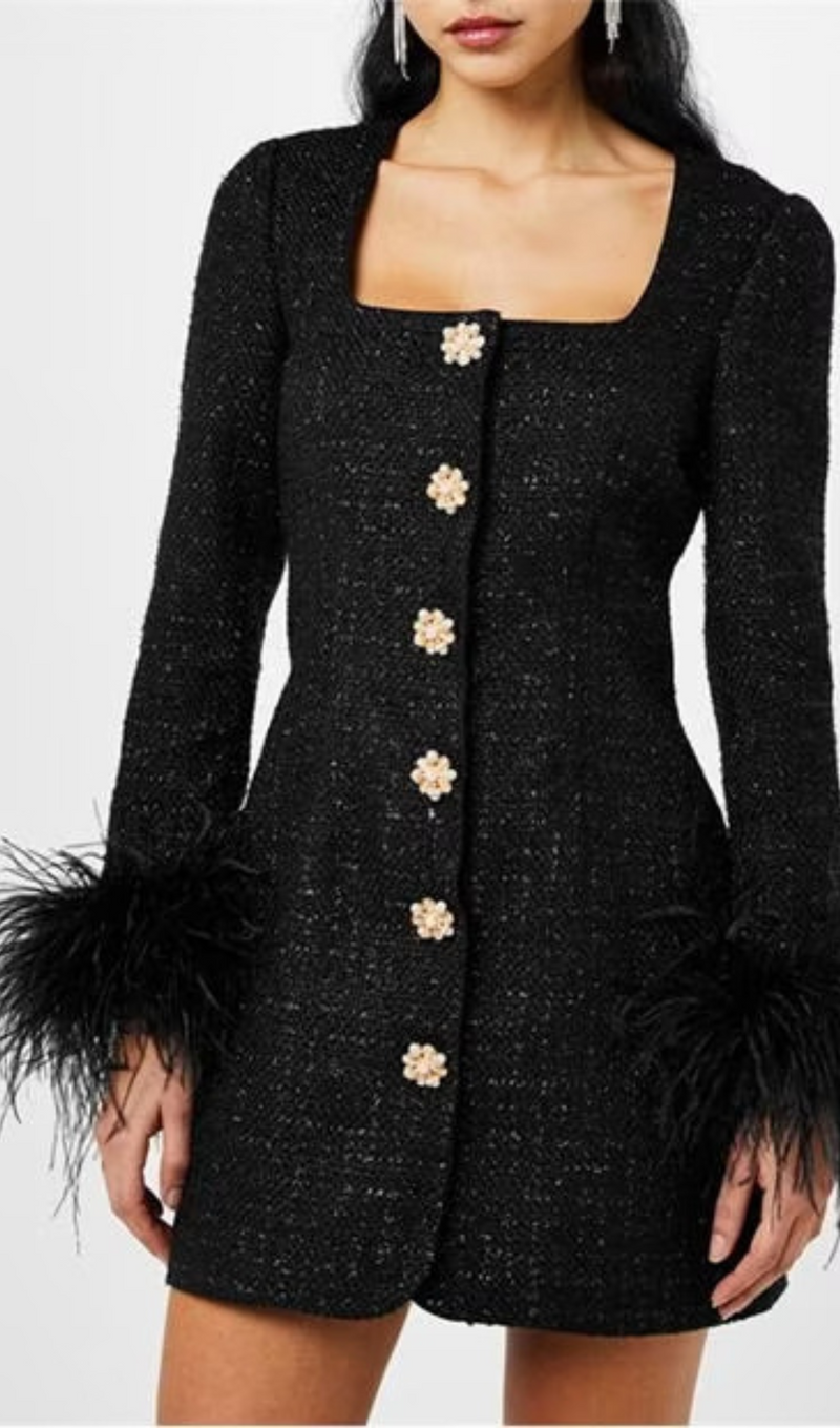 BLACK FEATHER-DETAILED BOUCLÉ MINI DRESS