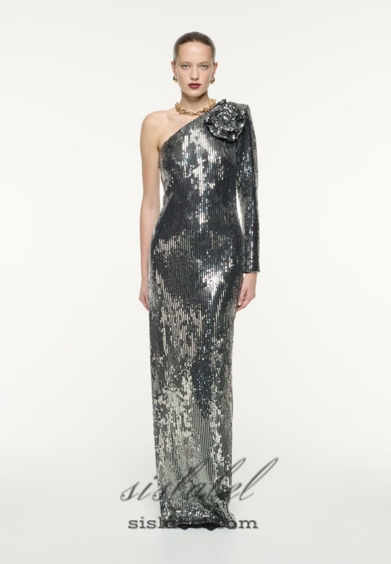 Floral-appliqué sequin gown in silver