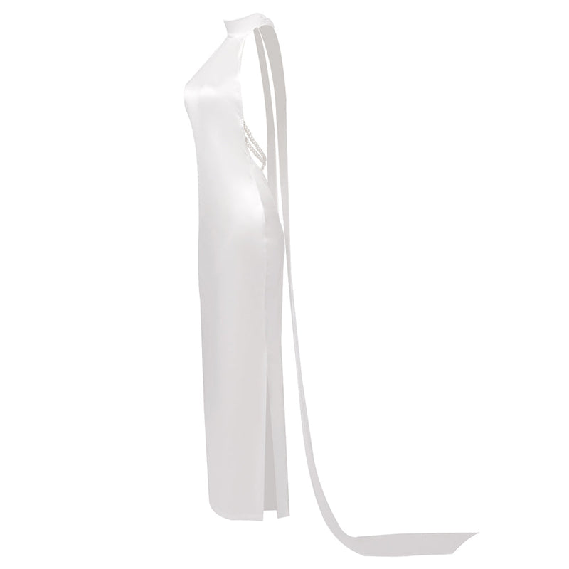 MIGNON SATIN BELT BACKLESS PEARL EMBELLISHED MAXI DRESS IN WHITE