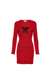 ROTES MINIKLEID AUS STRICK MIT SCHLEIFE UND RUNDHALS 