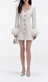 CREAM BOUCLE FEATHER MINI DRESS