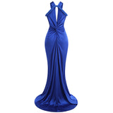 BEVERLY BRAID EMBELLISHED RUCHED HALTER GOWN IN BLUE