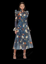 Pear Blossom Print Butterfly Sleeve Midi Dress