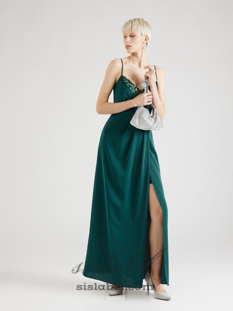 crystal embellished pleated maxi dress in green