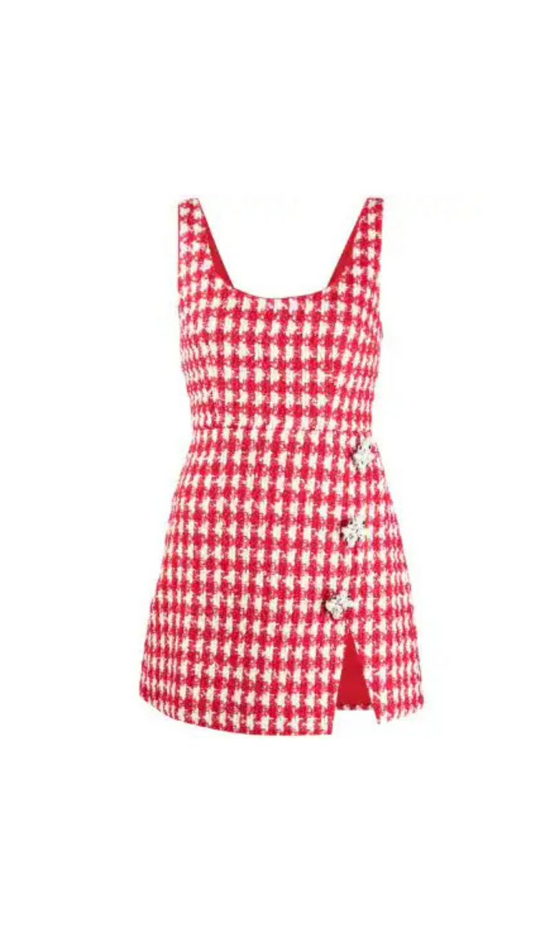 RED CHECK BOUCLE MINI DRESS