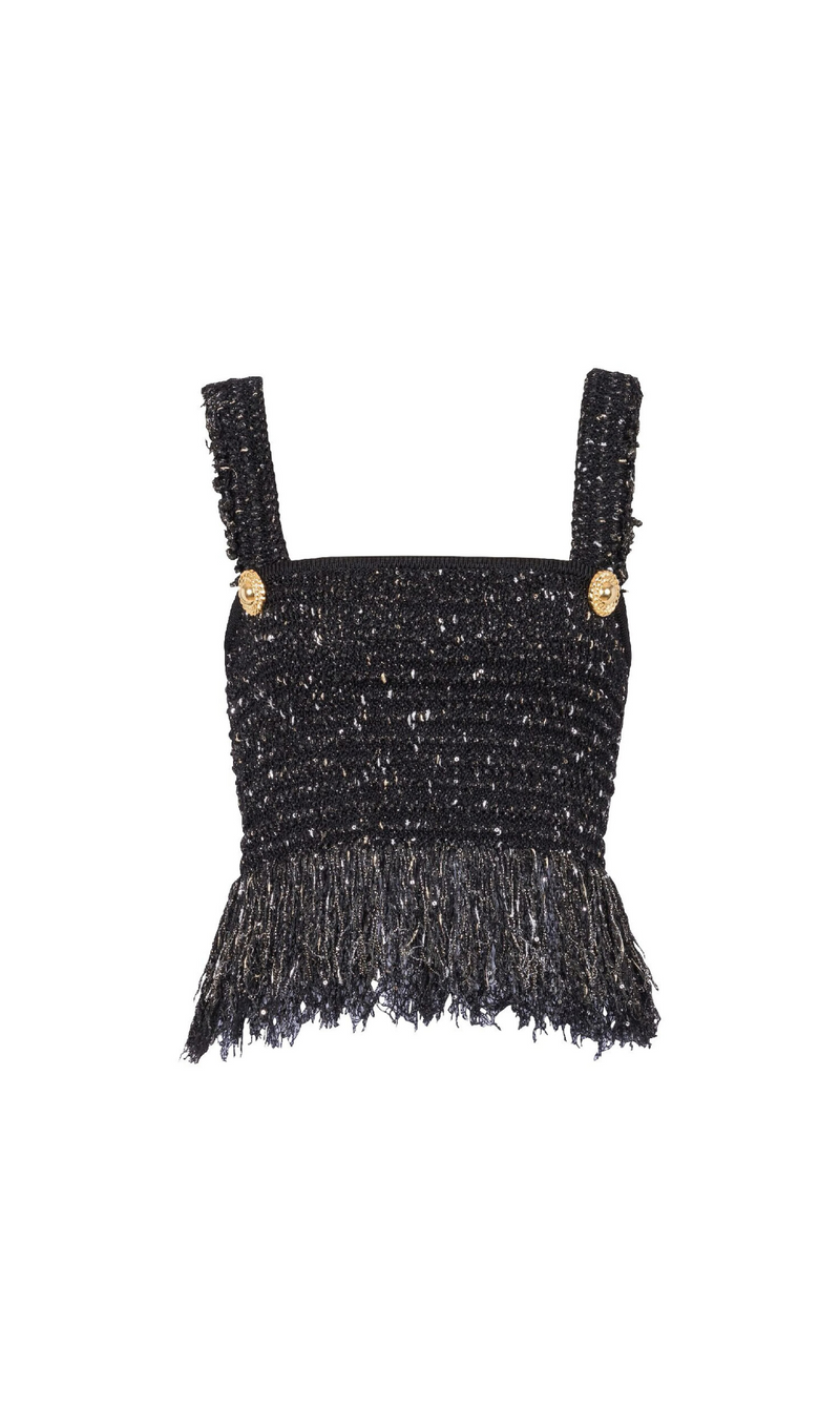 BLACK LUREX TWEED FRINGED TOP