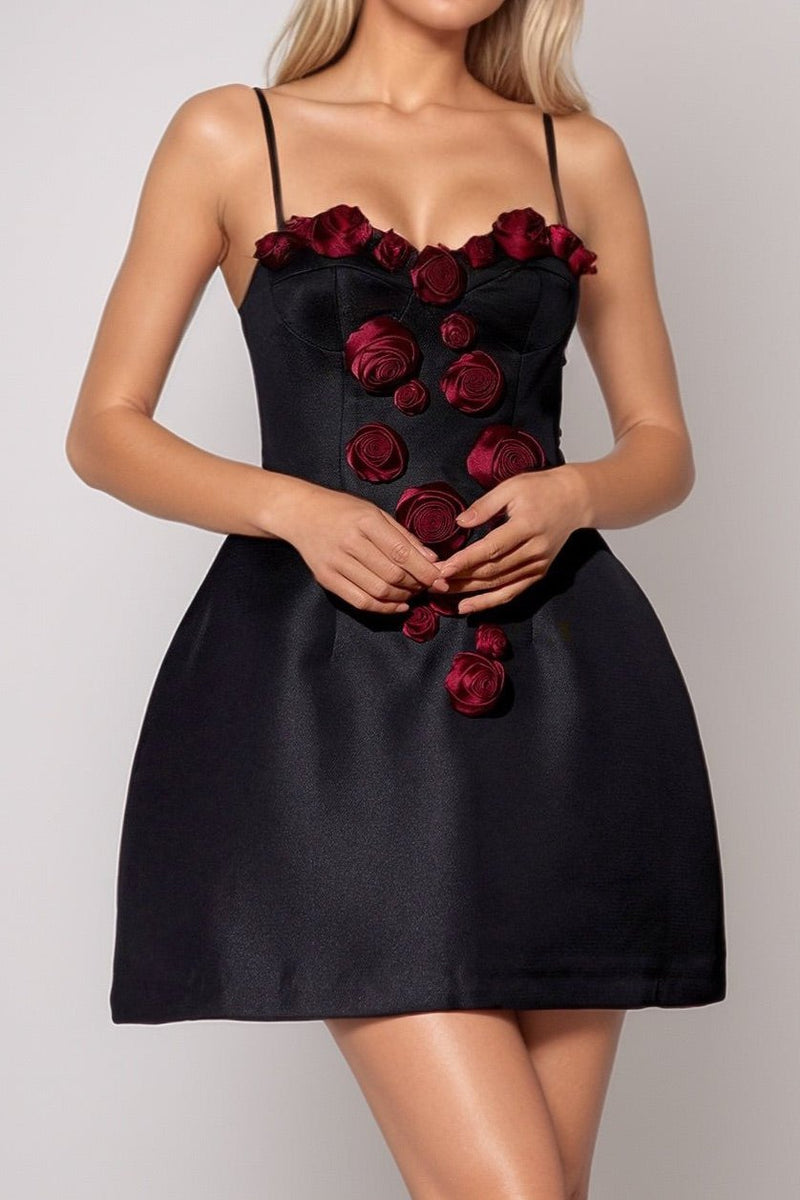 Elegant Burgundy 3D Floral Black Satin Mini Dress