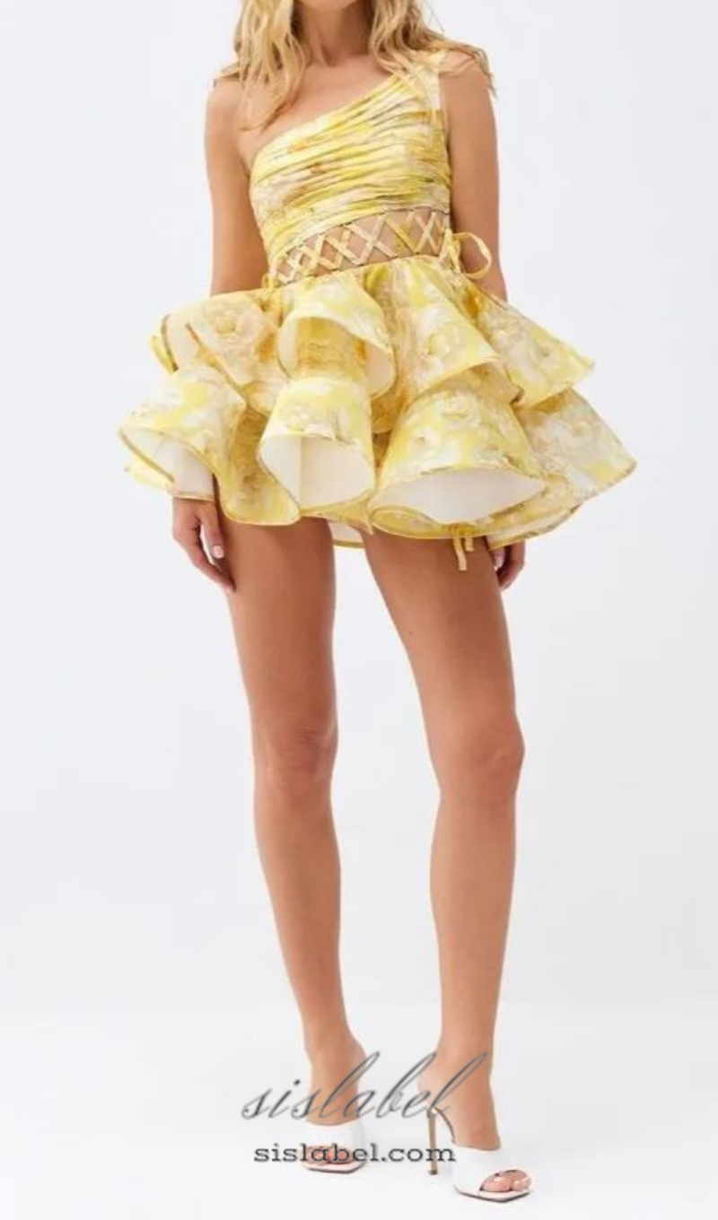 GAIL YELLOW FLORAL PRINTED ONE-SHOULDER MINI CHIFFON DRESS