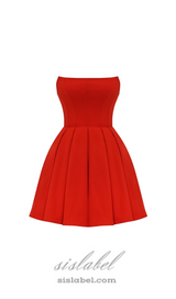 tomato red strapless pleated mini dress