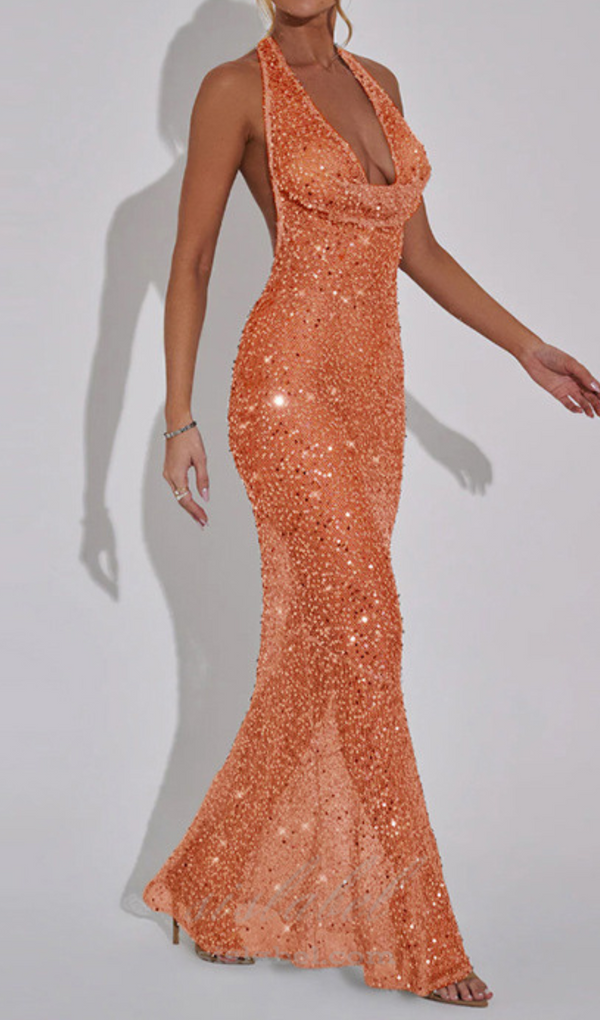 BARBARA HALTER SEQUIN MAXI DRESS IN ORANGE