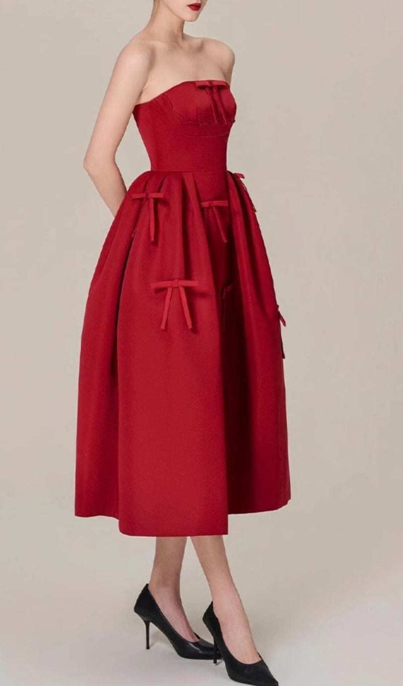 WINE RED STRAPLESS MIDI DRESS