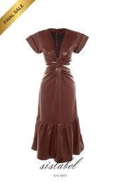 FAUX LEATHER CUT OUT MIDI DRESS IN DARK BROWN