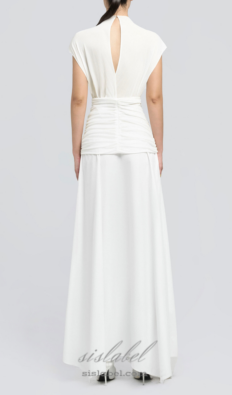 white Waist cross pleats midi dress with asymmetric hemline