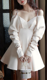 V-NECK LONG-SLEEVED A-LINE SUSPENDER DRESS