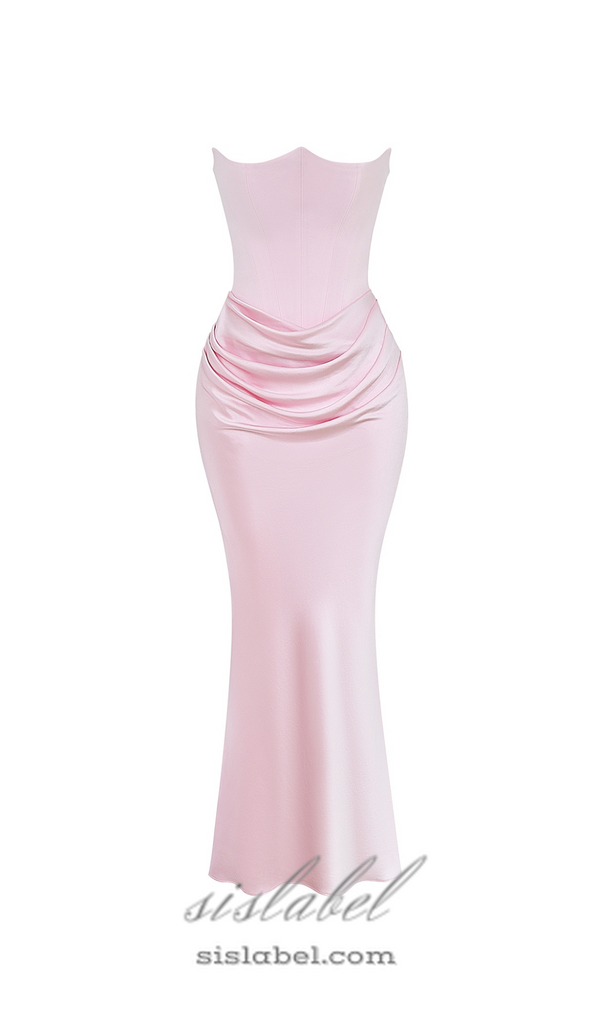 strapless satin corset maxi dress in pink