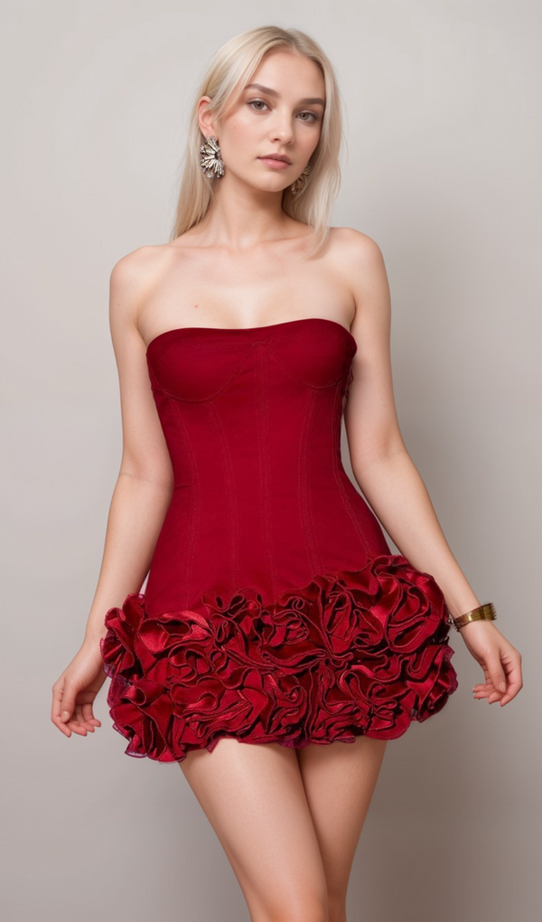 ANGELA FLOWER-TRIM EMBELLISHED STRAPLESS MINI DRESS