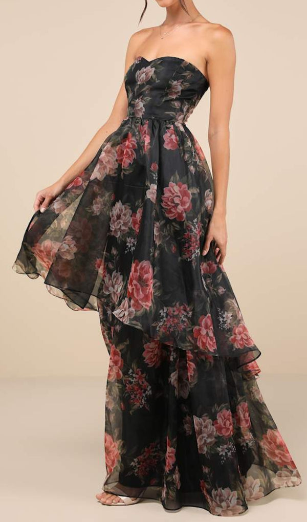 Truly Extraordinary Black Floral Organza Strapless Maxi Dress