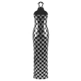 checkerboard sequin halter gown with flower