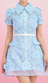 A-LINE FLORAL EMBROIDERY MINI DRESS IN BLUE