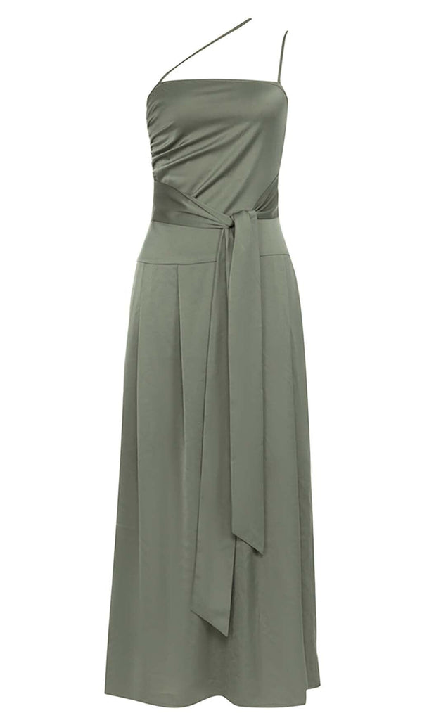 A-SILHOUETTE SATIN MIDI DRESS IN OLIVE