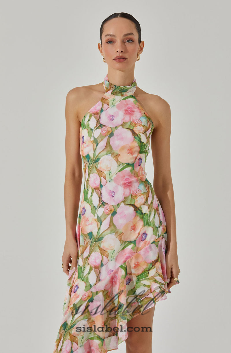 SABINA PINK GREEN ASYMMETRIC FLORAL HALTER MIDI DRESS