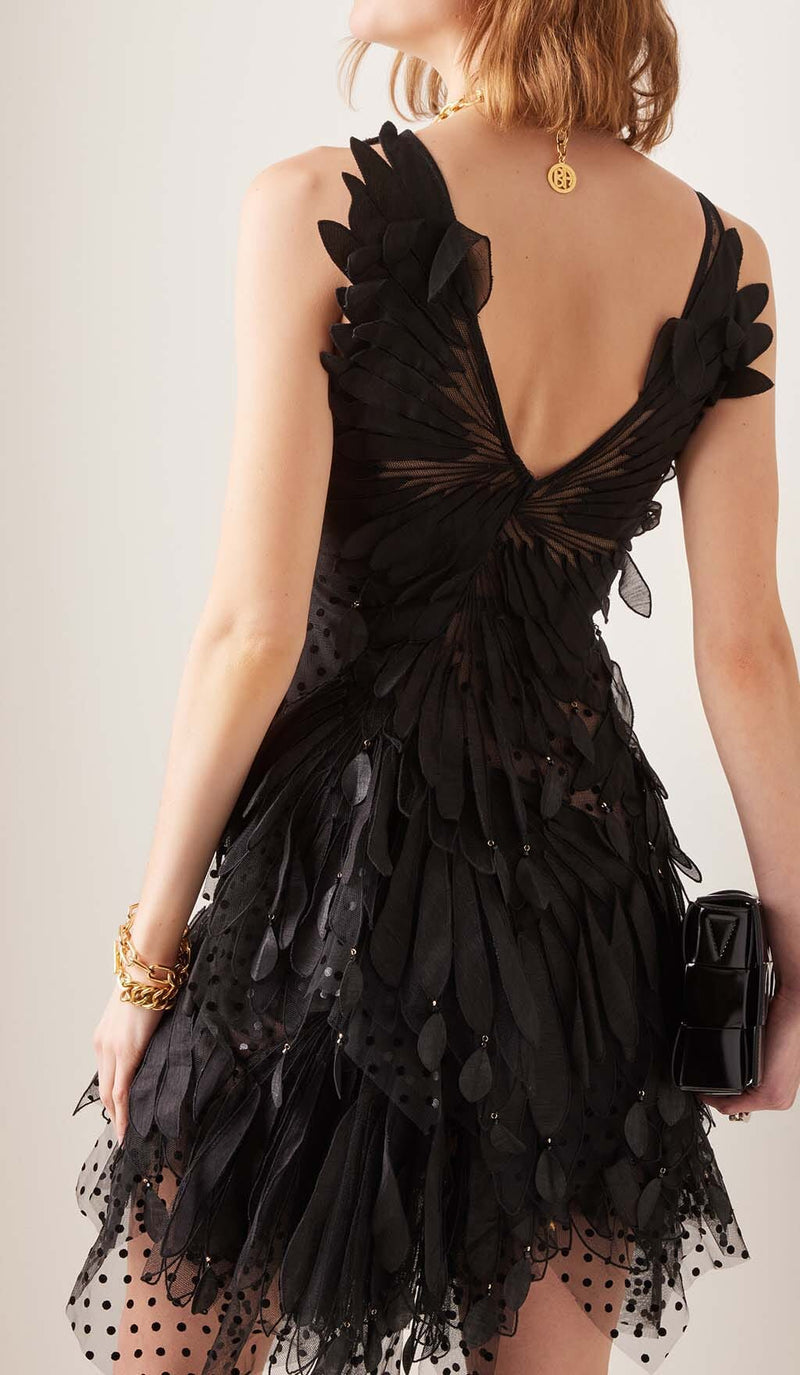 APPLIQUÉD TULLE MINI DRESS IN BLACK