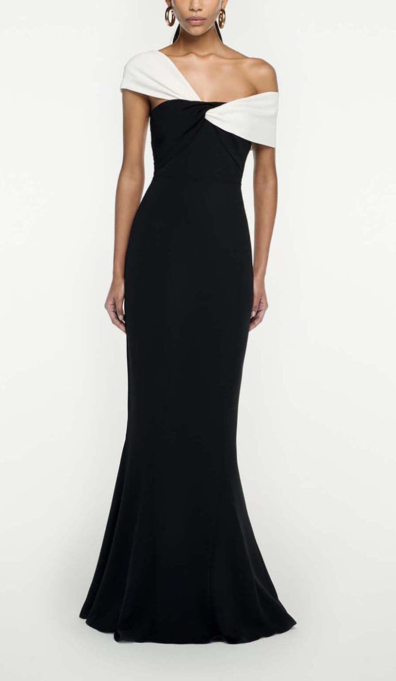 ASYMMETRIC OFF SHOULDER MAXI DRESS IN BLACK