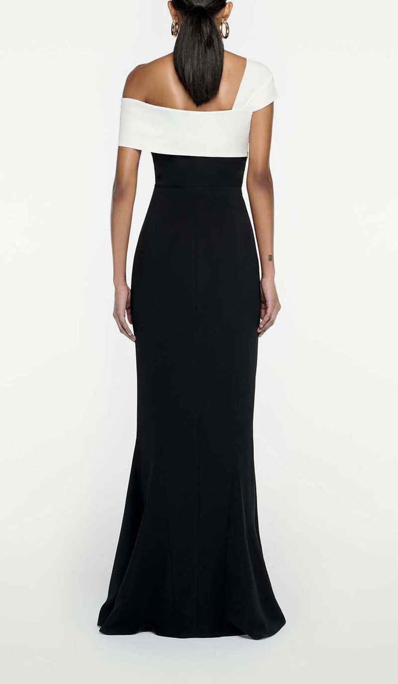 ASYMMETRIC OFF SHOULDER MAXI DRESS IN BLACK