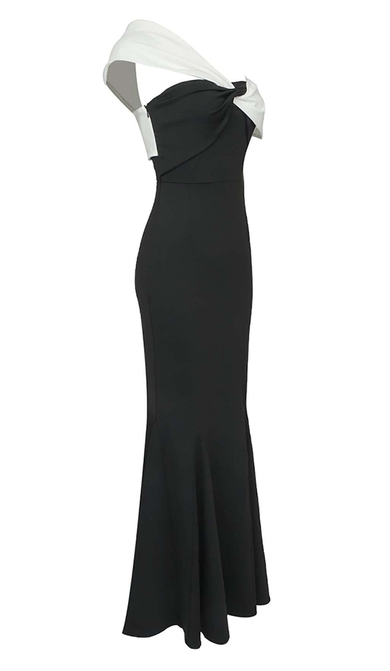 ASYMMETRIC OFF SHOULDER MAXI DRESS IN BLACK