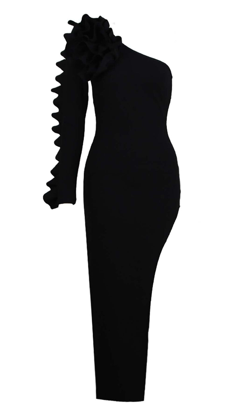 ASYMMETRIC ONE SLEEVE MIDI DRESS IN BLACK