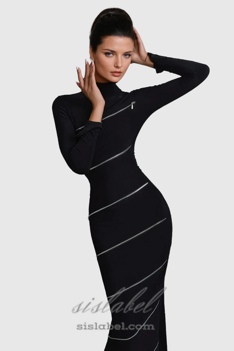 Aloysius Zipper Bodycon Maxi Dress In Black