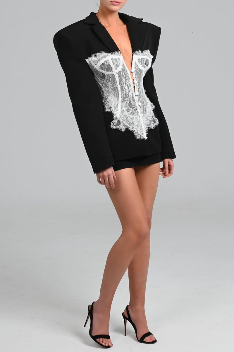 Alvera Lace Corset Blazer in Black