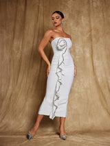 YVONNE WHITE STRAPLESS FLOWER RHINESTONE BANDAGE MIDI DRESS