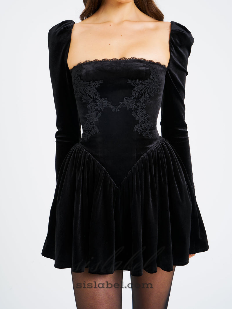 Yolanda Black Velvet Long Sleeve Mini Dress with Lace Trim