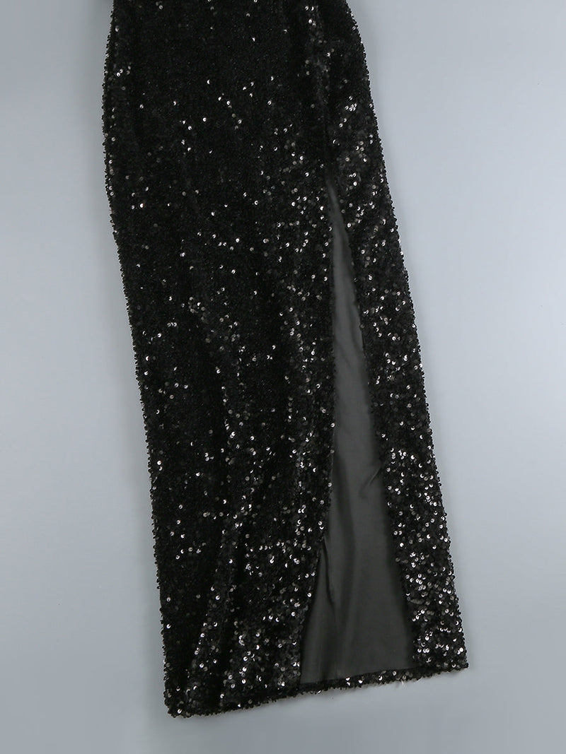 ROBE MAXI FENTE AVEC EMBELLISSEMENTS DE SEQUINS 