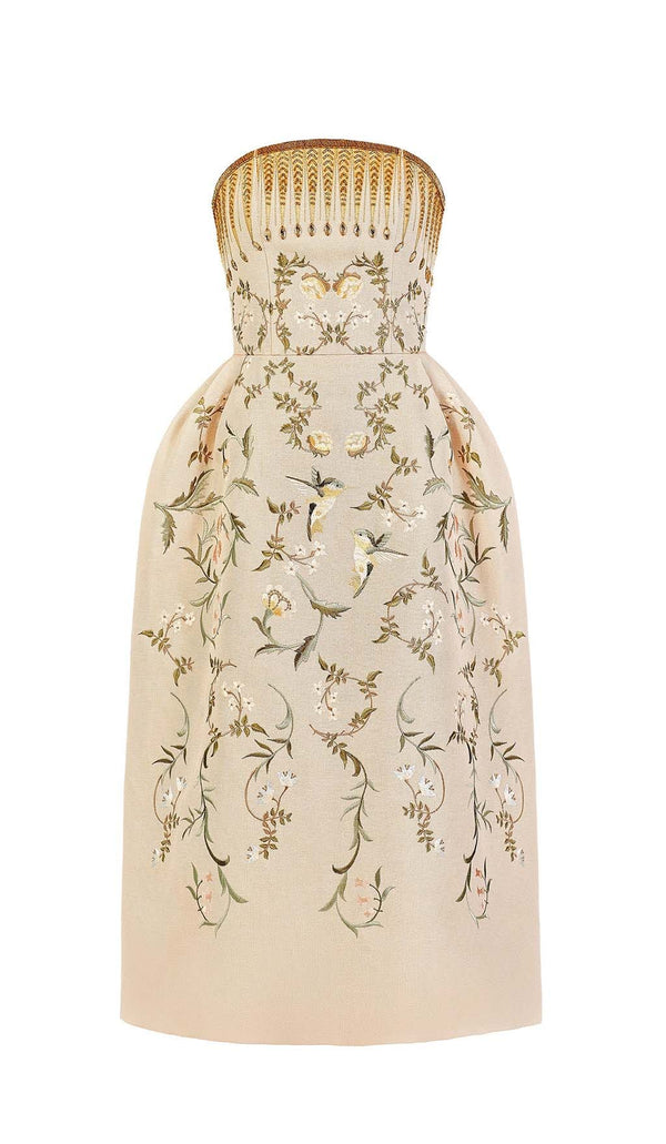 BANDEAU PRINTED JUNGLE MIDI DRESS IN BEIGE