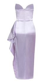 BANDEAU RUCHED SATIN MIDI DRESS IN LILAC