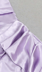 BANDEAU RUCHED SATIN MIDI DRESS IN LILAC